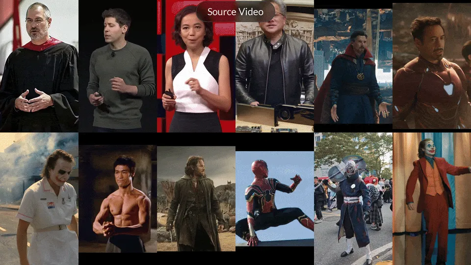 Composite grid showing diverse face/video generation outputs from source video