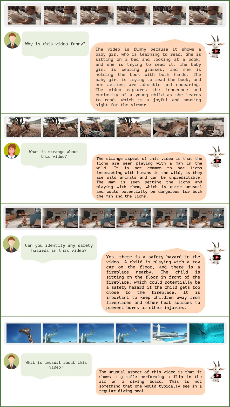 Multiple video QA examples showing model's outputs, demonstrating the work's capabilities