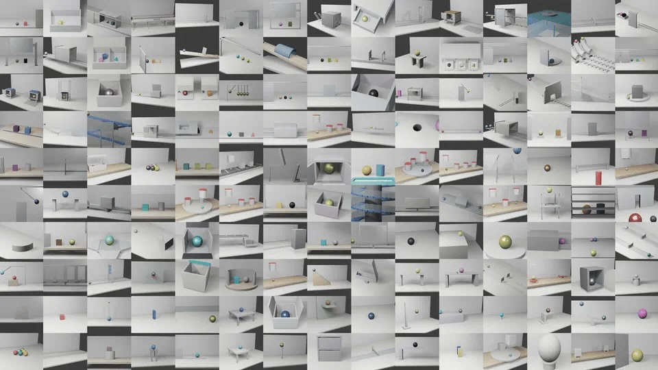 Grid of many physics simulation scenes showing dataset diversity and coverage