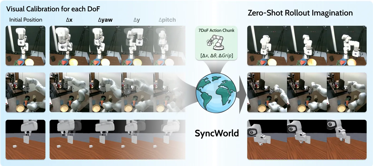 Composite showing SyncWorld's calibration and zero-shot rollout imagination across multiple robot setups