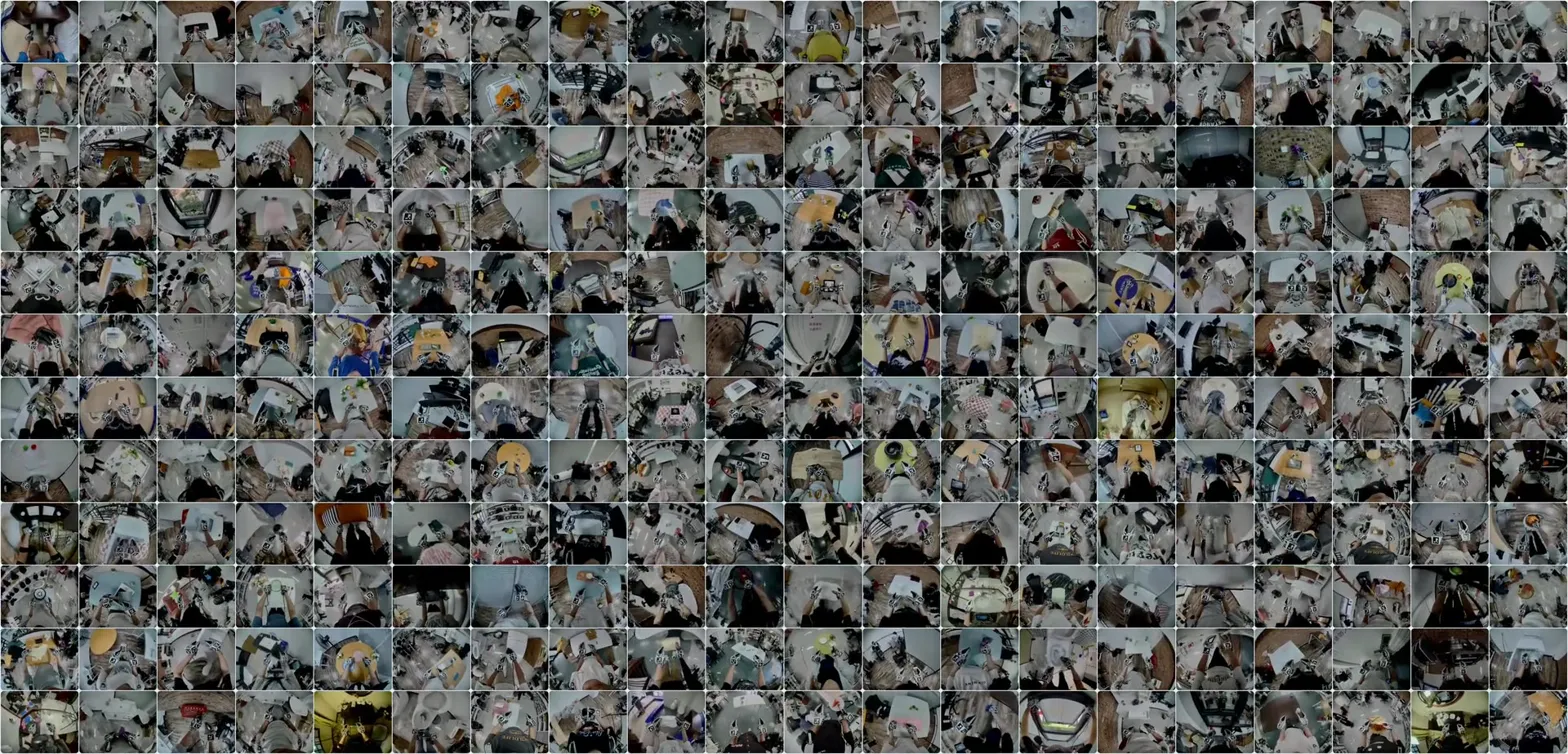 Large grid of dataset samples showing egocentric/robot manipulation scenes, illustrates dataset contents