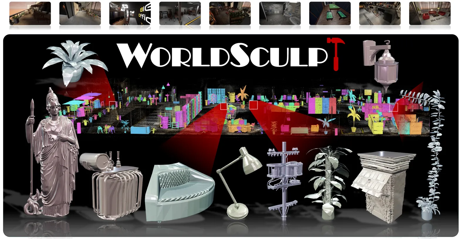 Composite showing dataset's 3D assets and annotated scene reconstructions with title branding