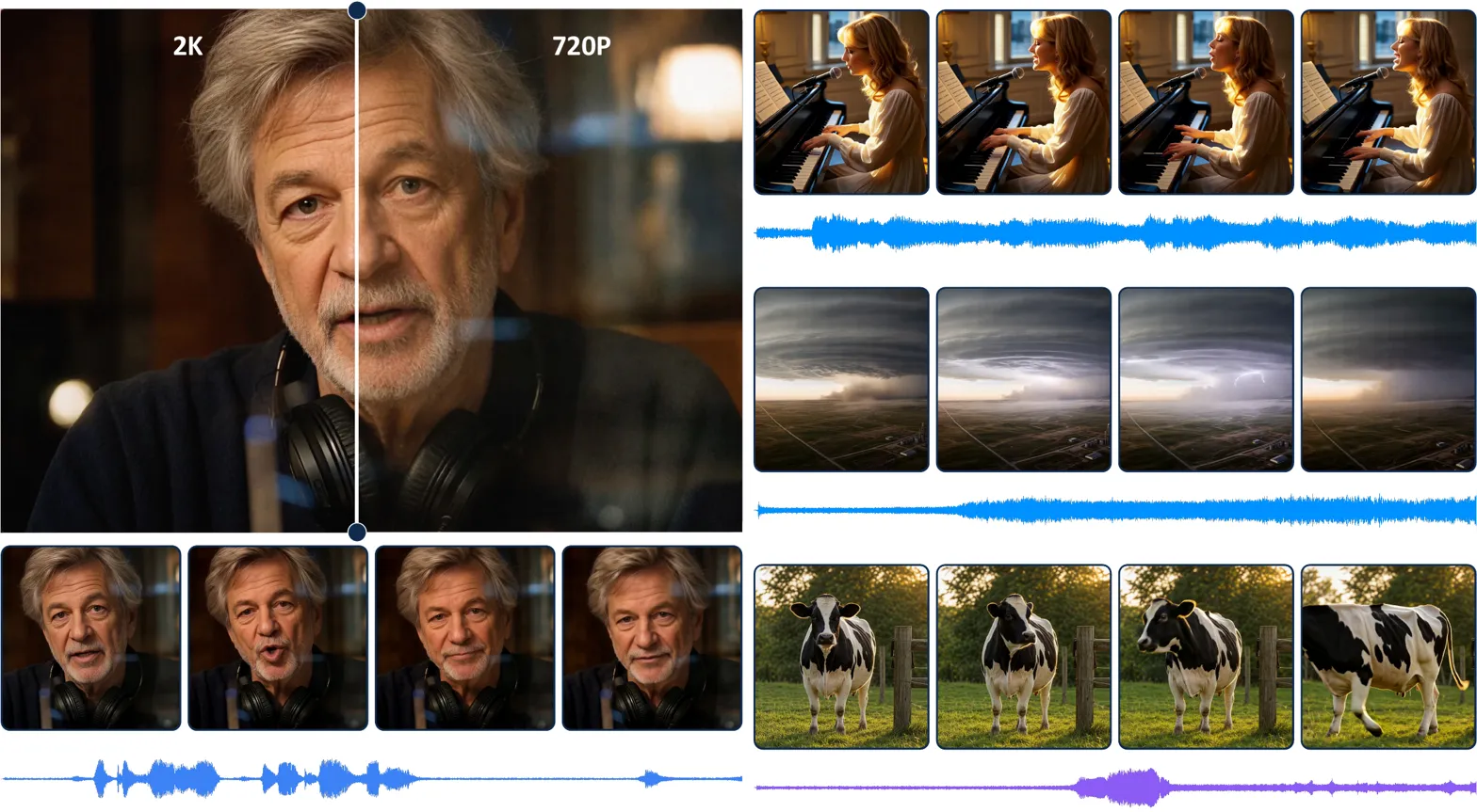 Composite showing audio-driven video generation outputs with 2K quality and diverse scenes
