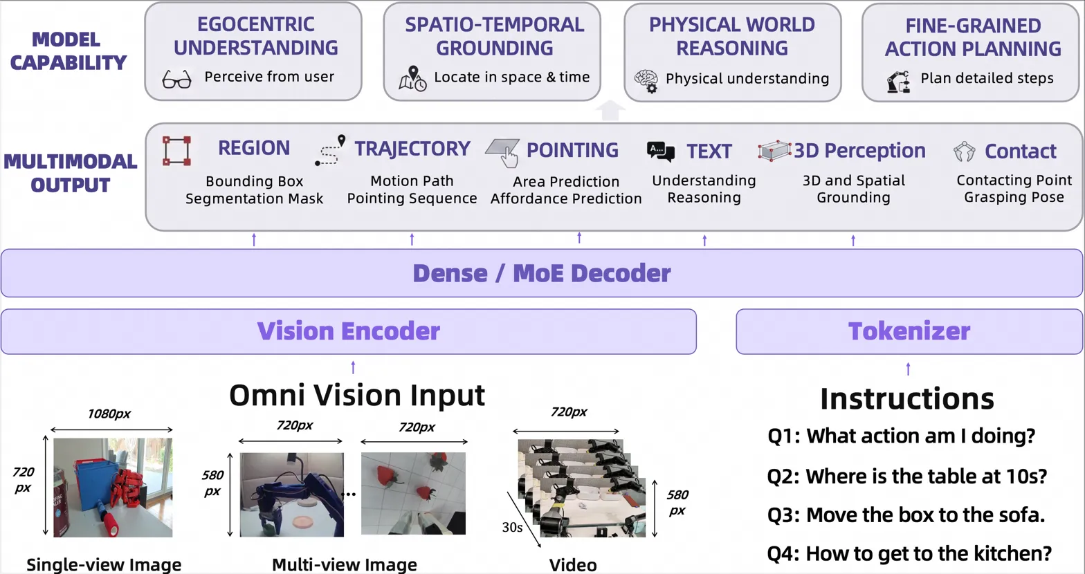 Full model pipeline: vision input, encoder, decoder, outputs, and capabilities diagram
