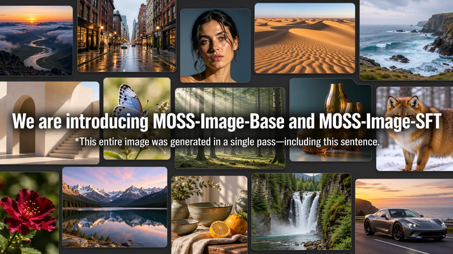 Composite showcasing varied generated images plus text, demonstrating the model's single-pass output capability
