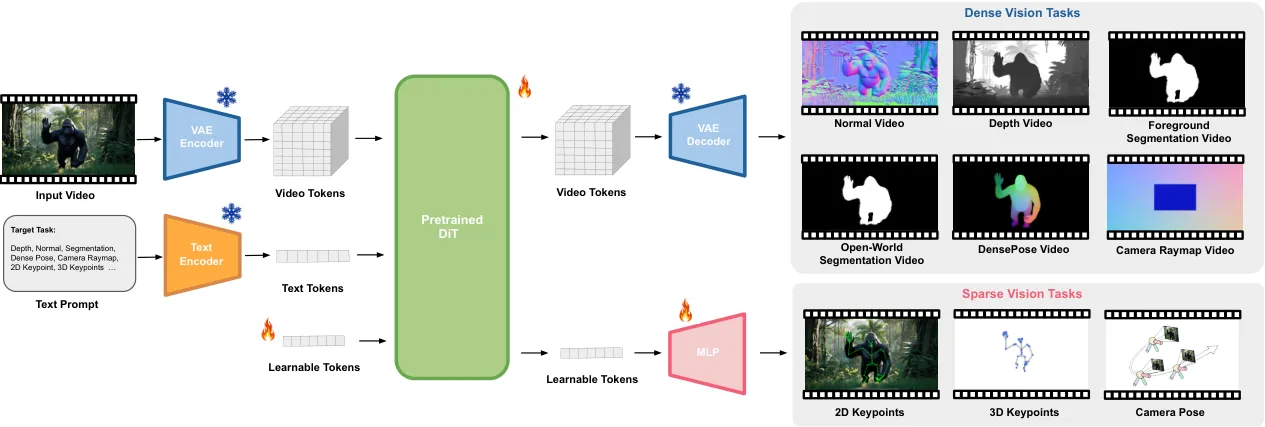 Pipeline diagram showing input, encoders, DiT, and diverse vision task outputs